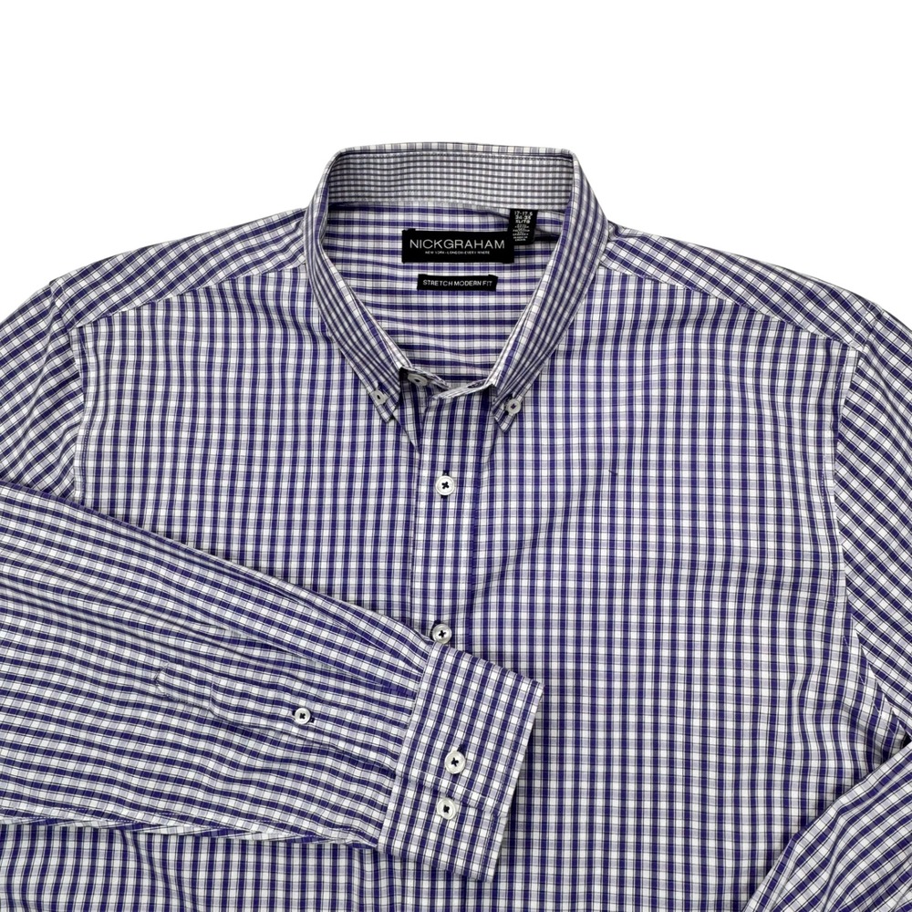 Nick Graham Mens XL Purple White Gingham Stretch Modern Fit Button Down Shirt